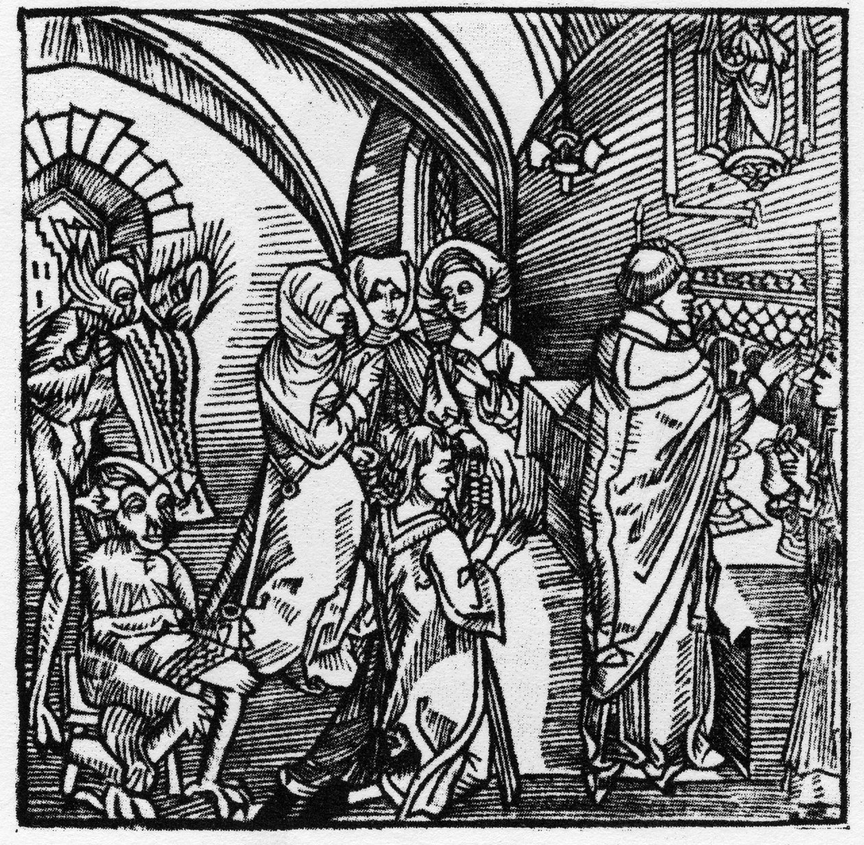 Diabły przepisują paplaninę kupców podczas mszy – w „Der Ritter von Turn” rycerza Marquarda vom Steina 1498 autorstwa German School