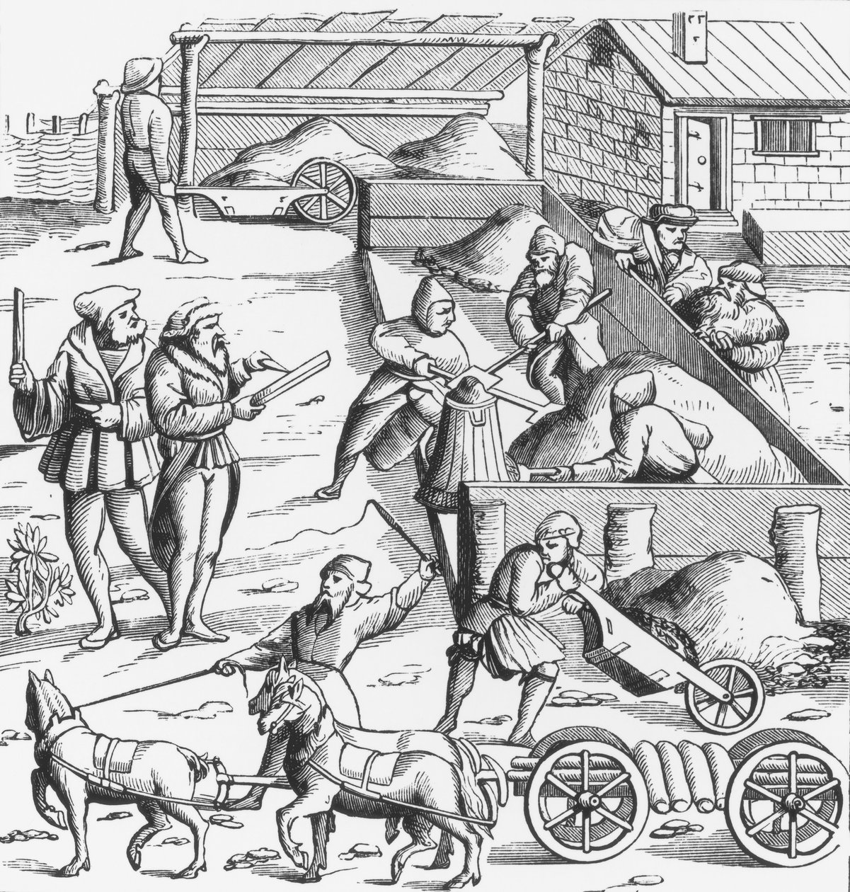 Wydobycie metali, według drzeworytu w Cosmographie Universelle of Munster, opublikowanego 1552 autorstwa German School