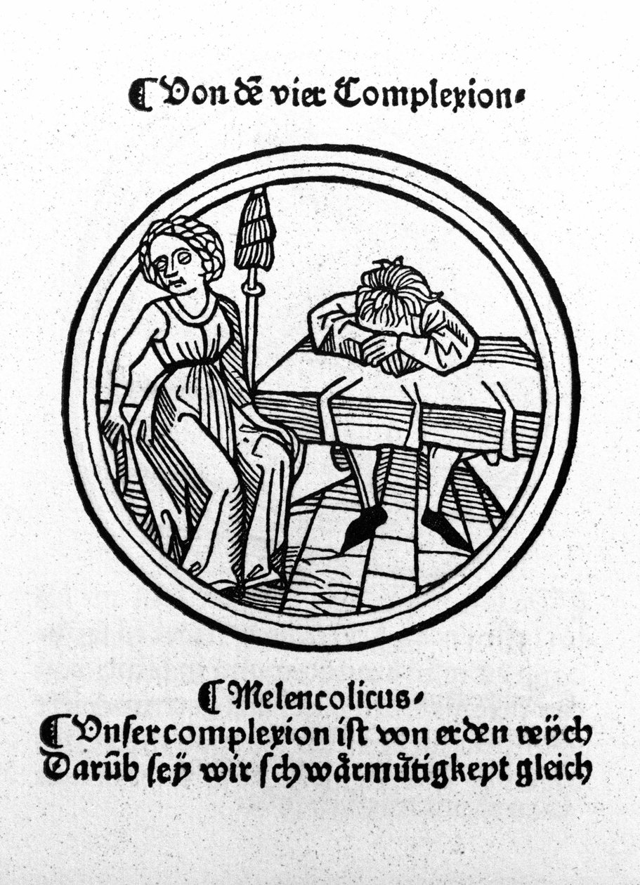 Cztery temperamenty: melancholijny (smutny i przygnębiony). Ksylografia, Augsburg 1480. autorstwa German School