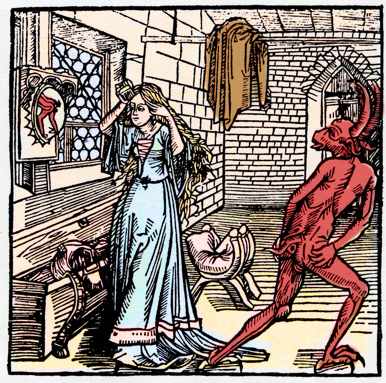 Podziwiająca się w lustrze dama widzi tylko odbicie tyłka Demona - symbol Próżności - Zuchwałe postępowanie diabła wobec zalotnej kobiety - w „Der Ritter von Turn” Rycerza Marquarda vom Steina autorstwa German School