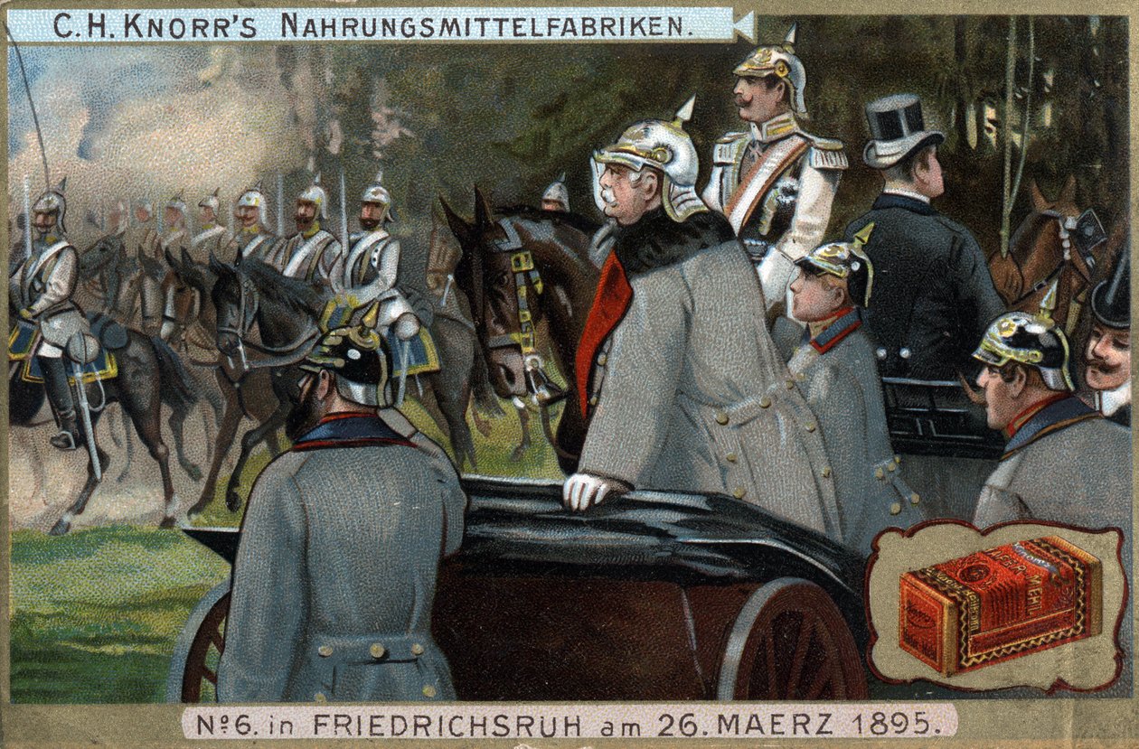 Wojska Armii Pruskiej przeszły przed kanclerzem Otto von Bismarckiem (1815-1898) 26 marca 1895 r. w Friedrichsruh w Niemczech. Chromolitografia, koniec XIX wieku. autorstwa German School