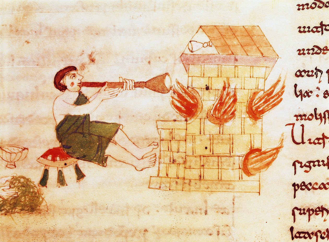 Miniaturowa dmuchawa do szkła z rękopisu „De Universo” (lub De rerum naturis (O Naturze Rzeczy)) (kod 132) autorstwa Rabanus Maurus Magnentius (lub Raban Maur lub Rabano Mauro) (ok. 780-856) . IX wiek. Archiwum Opactwa na Monte Cassino (Góra Cassin autorstwa German School