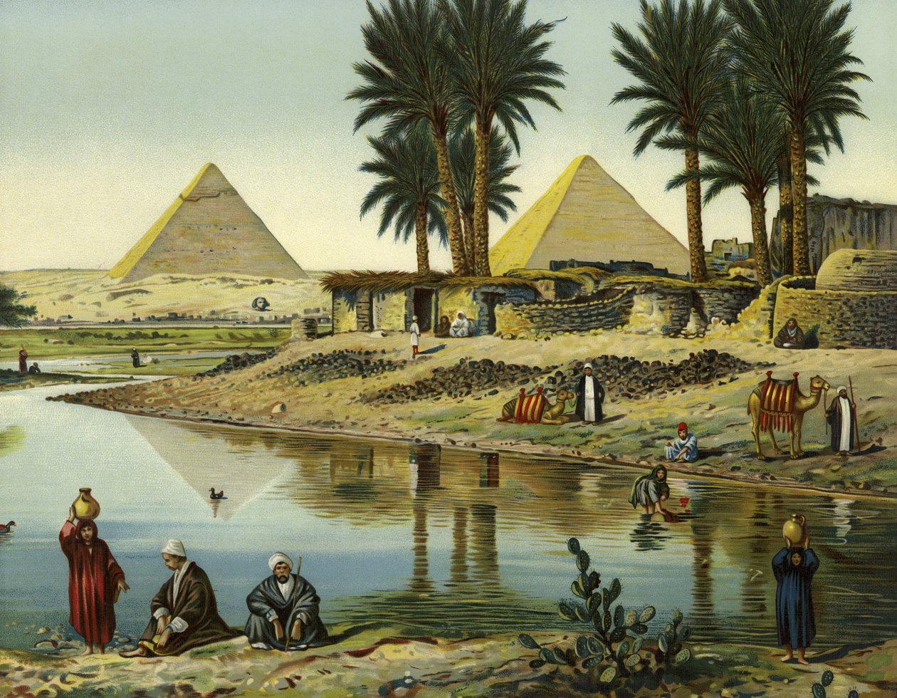 Piramidy w Gizeh (chromolitho) autorstwa German School