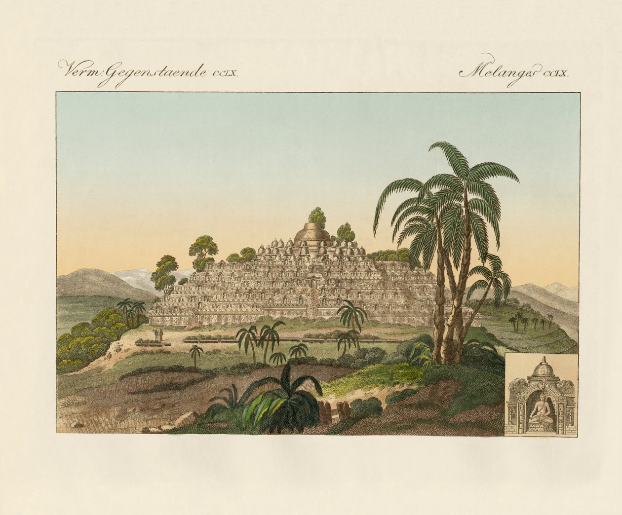 Świątynia Buddy Borobudur na Jawie (kolorowy grawerunek) autorstwa German School