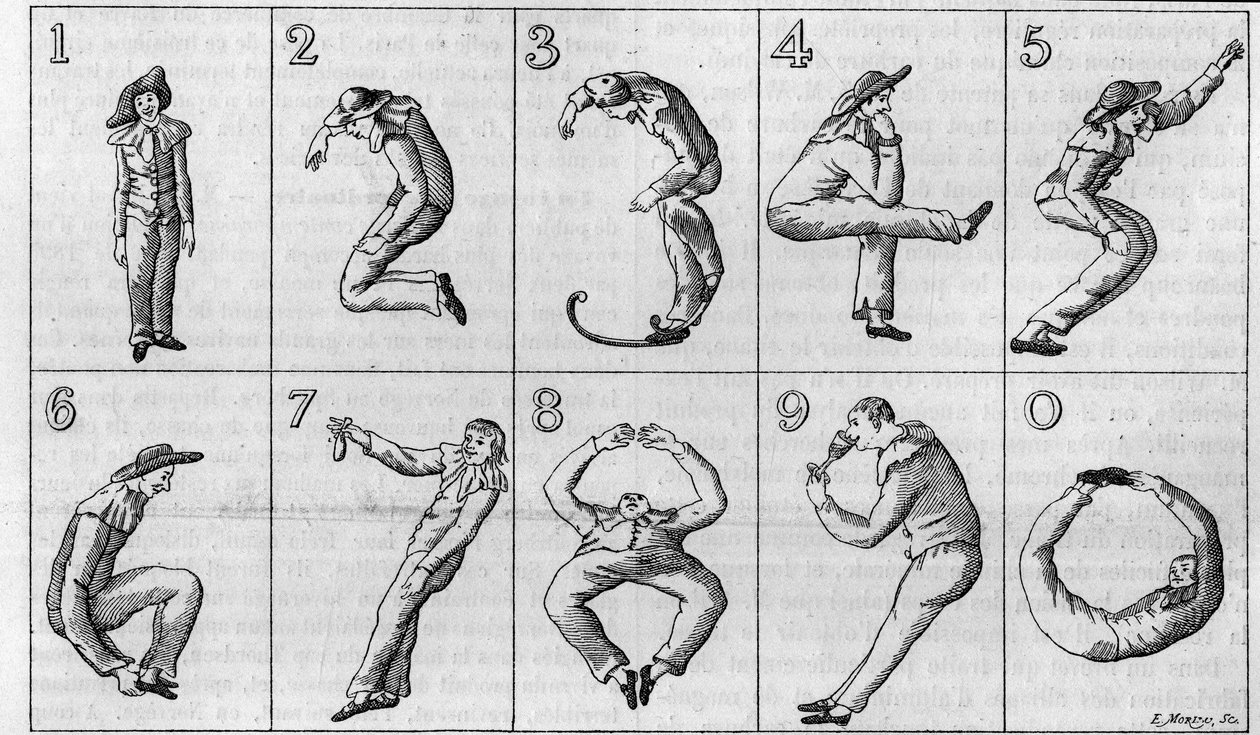 Dziesięciocyfrowy rysunek autorstwa Harlequin. (Redukcja połowy oryginału, z kolekcji Gastona Tissandiera). Niemiecki rycina z XVIII wieku w „La Nature: revue des sciences et de leurs applications aux arts et a l