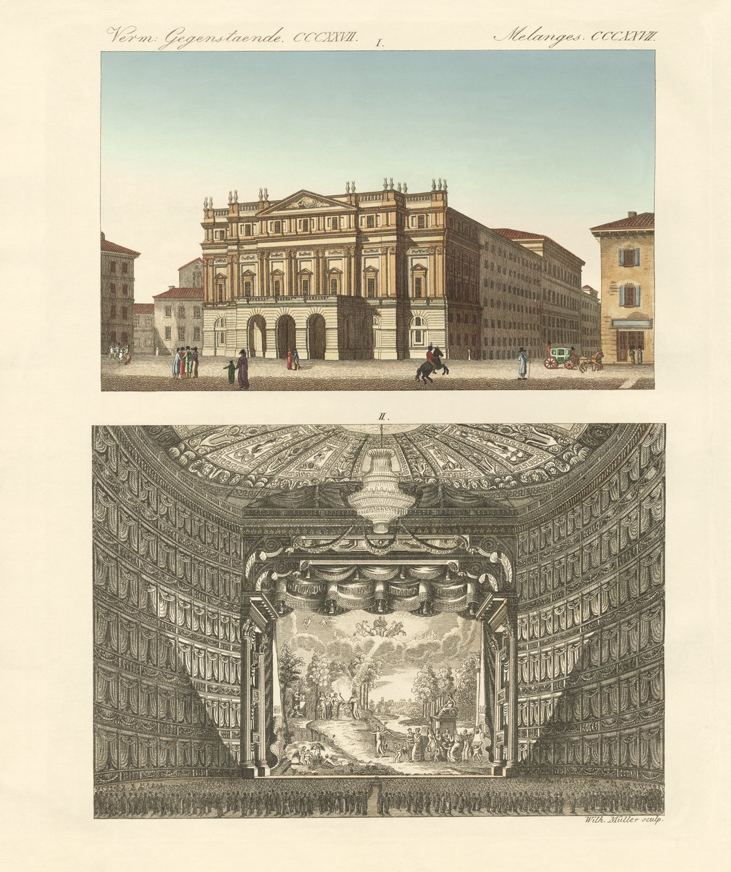 Teatr Della Scala w Mediolanie (kolorowy grawerunek) autorstwa German School