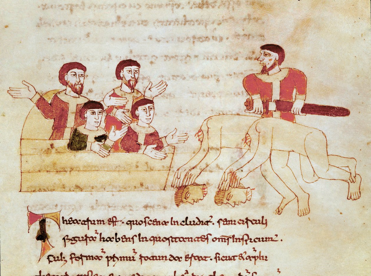 Scena teatralna, publiczność po lewej oklaskiwa występ aktorów Miniatura zaczerpnięta z rękopisu „De Universo” (lub De rerum naturis (O Naturze Rzeczy)) (kod. 132) Rabanus Maurus Magnentius (lub Raban Maur lub Rabano Mauro) (ok. autorstwa German School