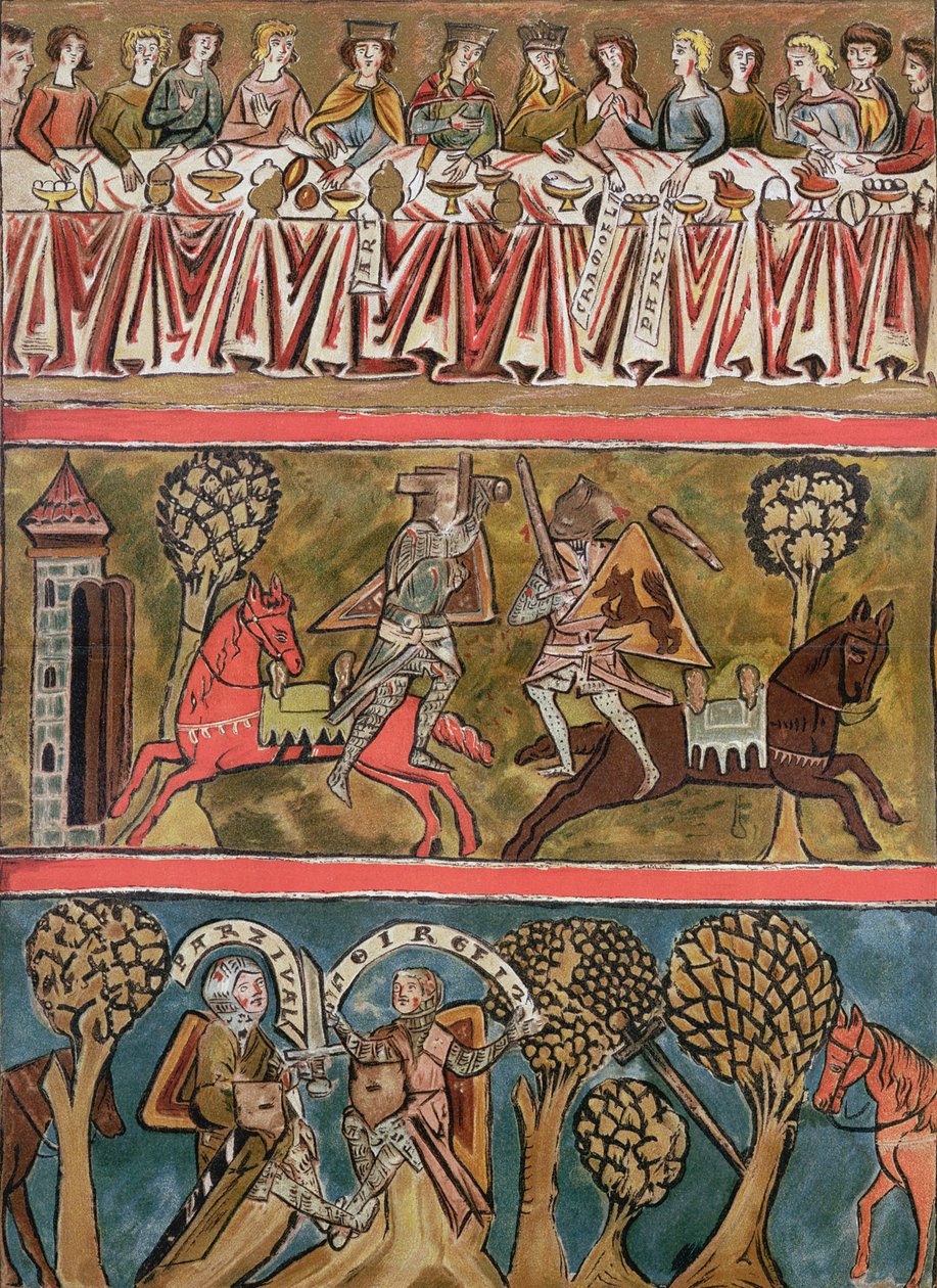 Trzy sceny z Parsifala Wolframa von Eschenbacha (zm. 1230) faksymile z XIII-wiecznego rękopisu autorstwa German School
