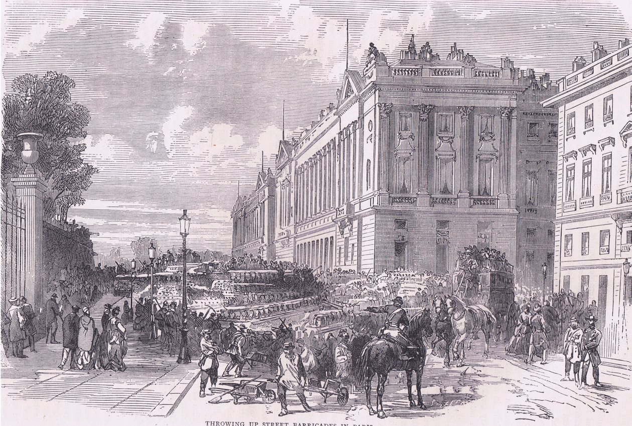 Wyrzucając barykady uliczne w Paryżu, Cassells History of the War między Francją a Niemcami opublikowaną przez Cassell and Company Limited, c.1890 (lito) autorstwa German School