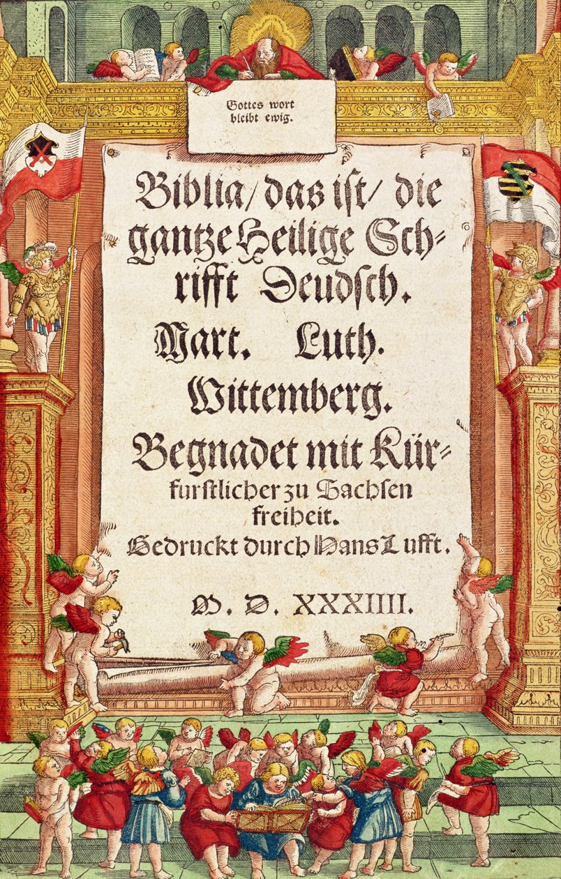 Strona tytułowa z Biblii Lutra, ok. 1530 (kolorowy drzeworyt) autorstwa German School