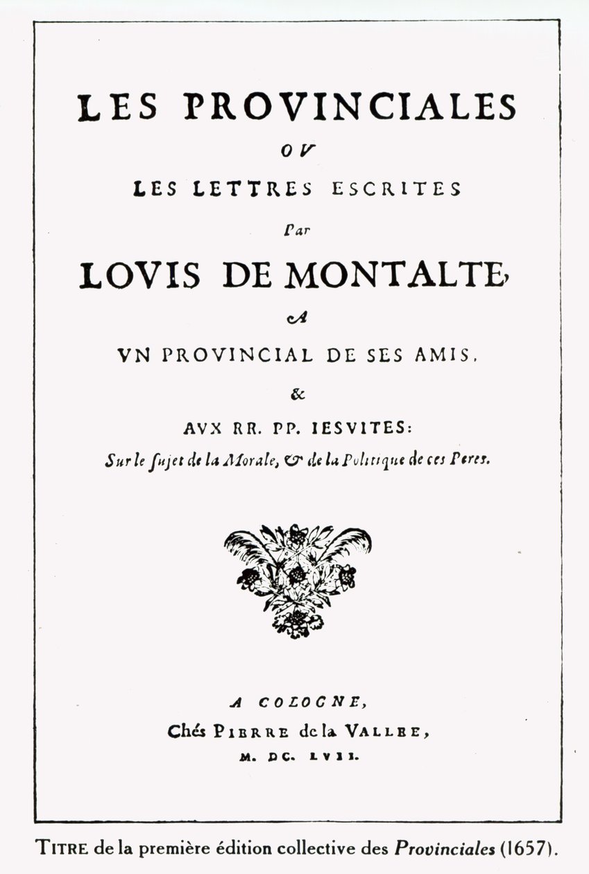 Strona tytułowa Les Provinciales Blaise Pascal (1623-62), Amsterdam, 1657 (tusz na papierze) autorstwa German School