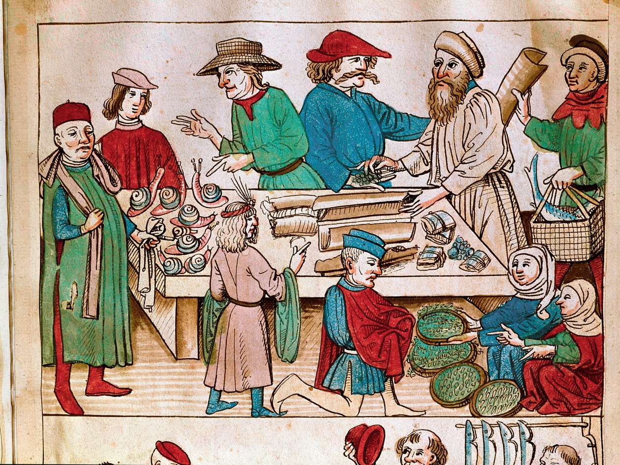 Handel: scena spacerowa. Miniatura z „Kroniki soboru w Konstancji” Ulricha Richentala (1360-1437) 1438 ok. Praga, biblioteka narodowa autorstwa German School