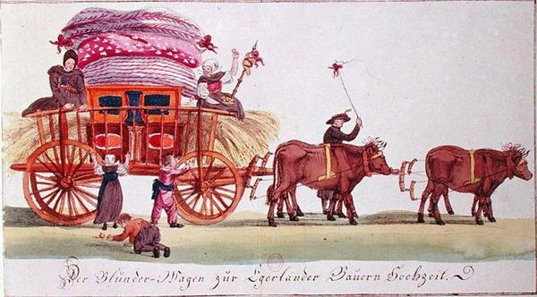 Transport łoża małżeńskiego po ślubie rolników z Egeru (obecnie Ched) w Czechach (obecnie Czechy) (akwarela na papierze) autorstwa German School