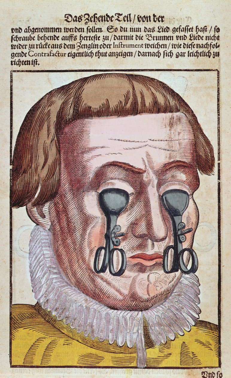 Leczenie choroby oka, z Ophthalmodouleia Georga Bartischa (1535-1636) wydanej w Dreźnie w 1583 r. (kolorowy drzeworyt) autorstwa German School