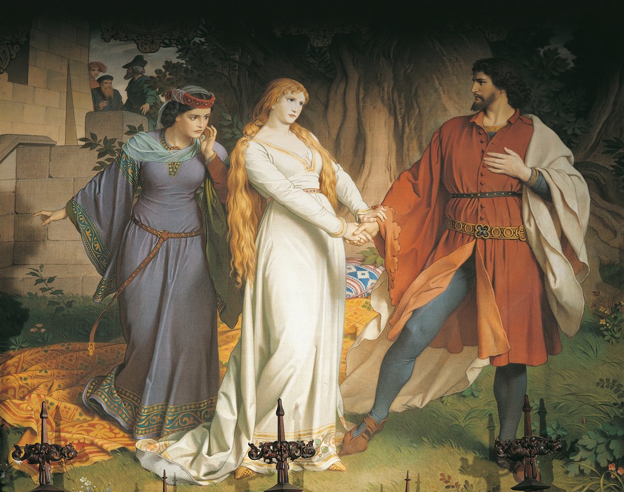 Tristan i Izolda spotykają się w tajemnicy po raz ostatni, ale ich spotkanie zostaje zdradzone, a król Marek rani Tristanda zatrutą włócznią, Sypialnia (mural) autorstwa German School