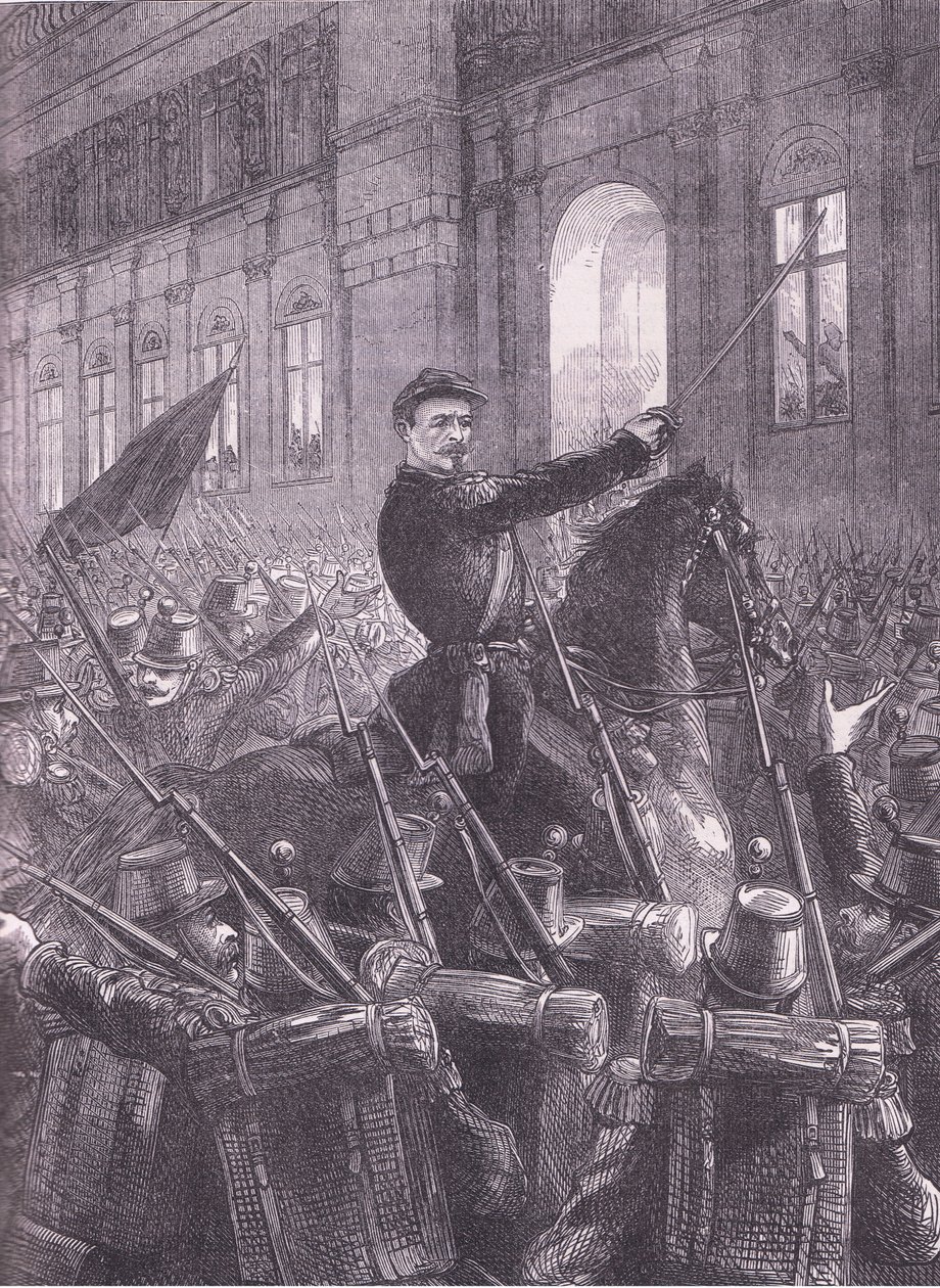 Trochu gromadzące Gwardię Narodową przed Hotel de Ville, Cassells History of the War between France and Germany wydane przez Cassell and Company Limited, c.1890 (lito) autorstwa German School