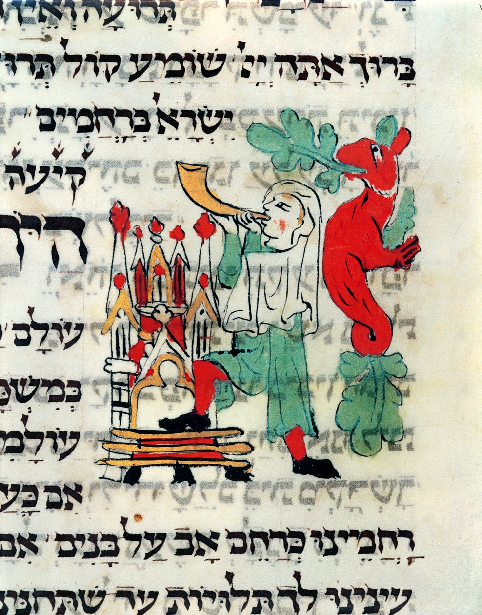 Trębacz dmuchający w szofar w czasie Rosz Haszana i Jom Kippur, rękopis obrządku niemieckiego, XIII-XIV w. autorstwa German School