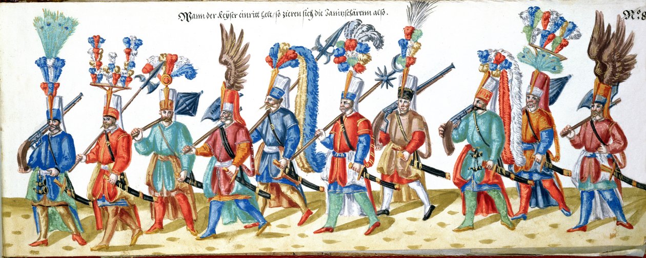 Tureccy janczarowie, ze zbioru ilustracji dotyczących dworu sułtana osmańskiego, ok. 1600 (wc na papierze) autorstwa German School