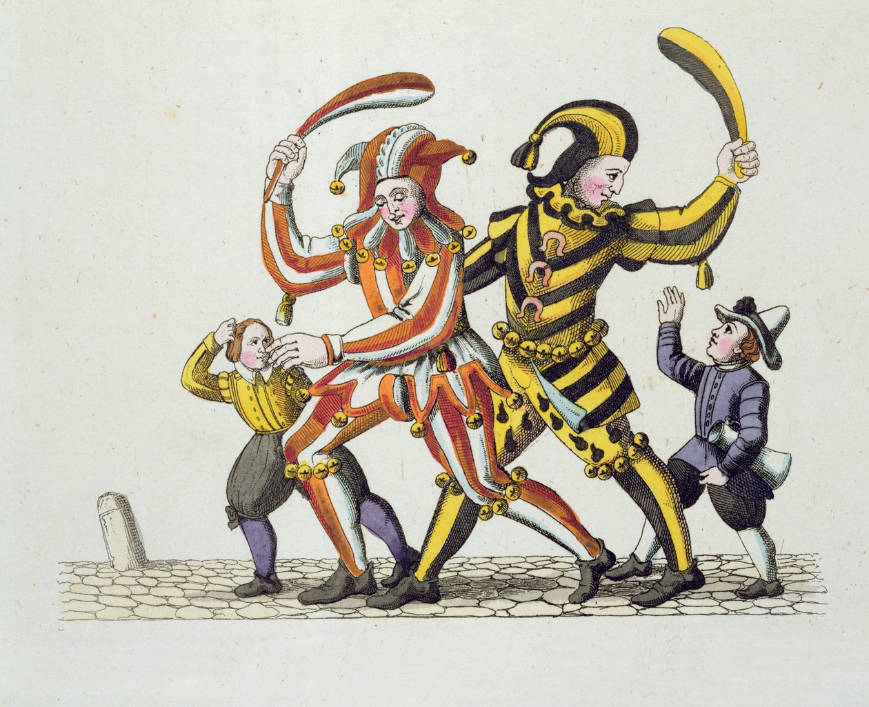 Dwóch błaznów bawiących się z dziećmi, ze starych norymberskich zwyczajów i praktyk w grach i piosenkach, wznowione 1831 autorstwa German School