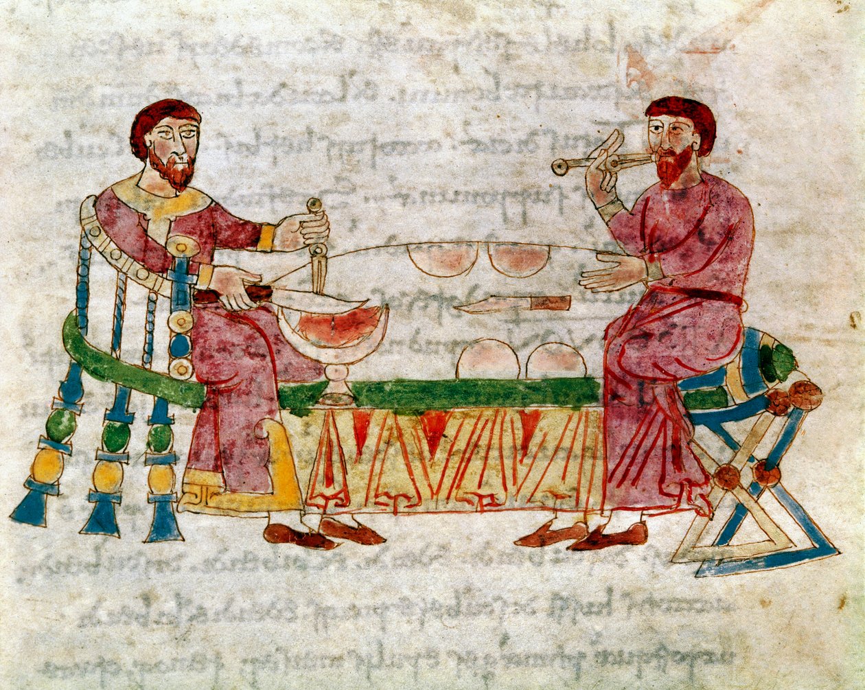 Dwóch mężczyzn przyszło do posiłku zaczerpniętego z tomu „De Month et Escis”, rękopisu „De Universo” (lub De rerum naturis (De la Nature des choices)) (kod 132) autorstwa Rabanus Maurus Magnentius (lub Raban Maur lub Rabano Mauro) (ok. 780-856). IX wiek. A autorstwa German School
