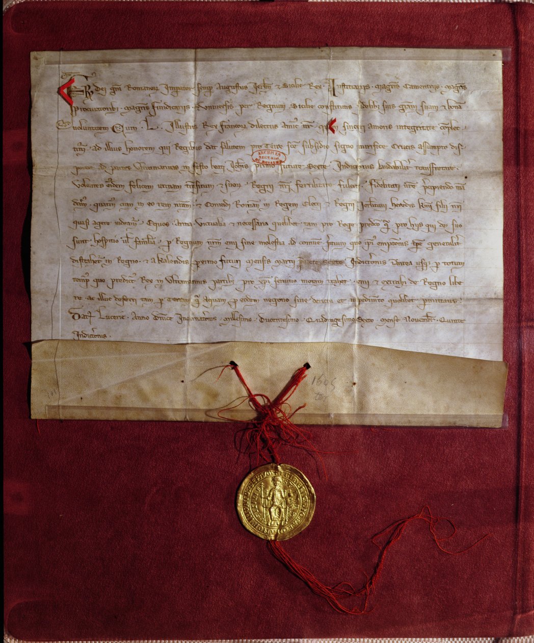 Zobowiązanie cesarza Fryderyka II (1194-1250) do dostarczenia królowi Ludwikowi IX (1214-70) koni, broni i zaopatrzenia na VII krucjatę, 1246 autorstwa German School