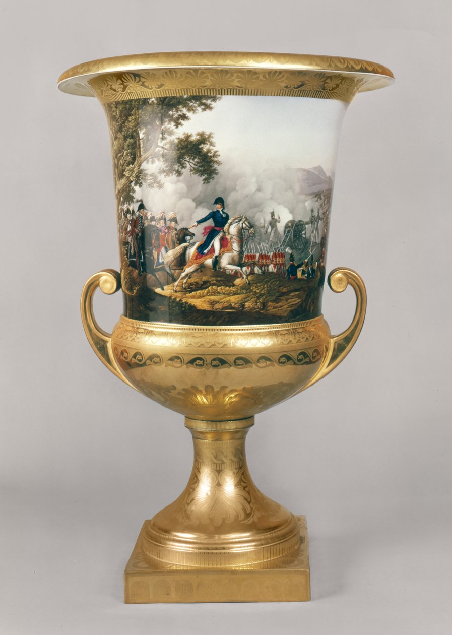 Urna przedstawiająca księcia Wellington w scenie batalistycznej z pruskiego Serwisu Obiadowego, Berlin, 1816-19 (porcelana i pozłacane) autorstwa German School