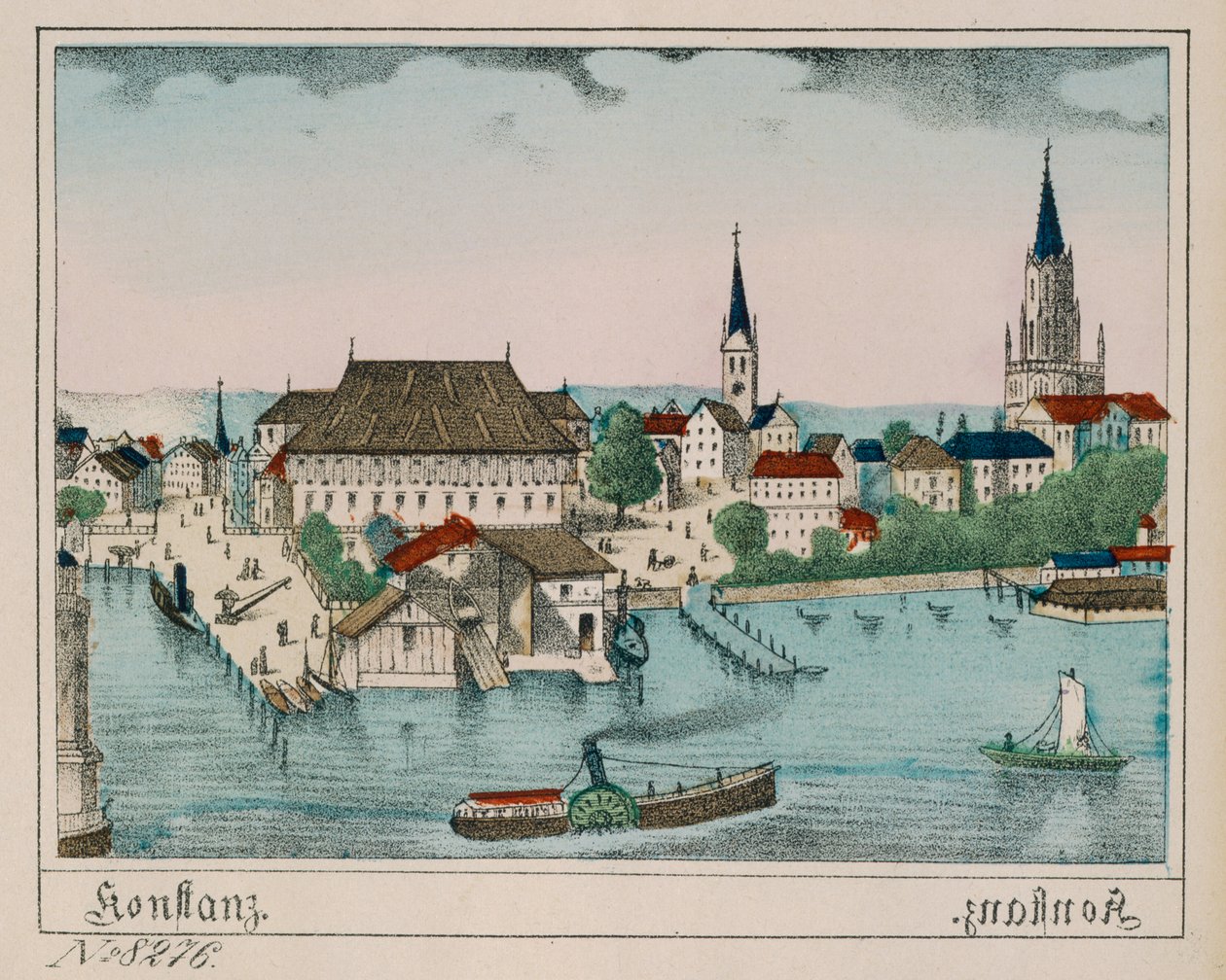 Widok Konstancji ukazujący port, Konzil i katedrę, z Neuruppiner Bilderbogen, 1830 autorstwa German School