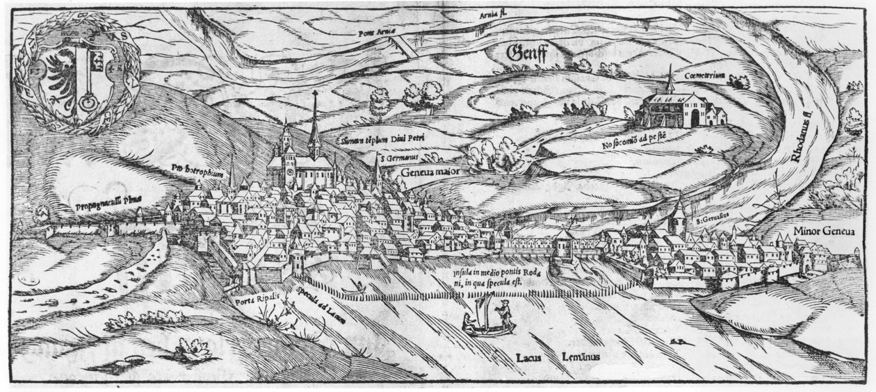 Widok Genewy, z Cosmographie Universelle autorstwa Sebastiena Munstera (1488-1552) Bazylea, opublikowany 1559 autorstwa German School
