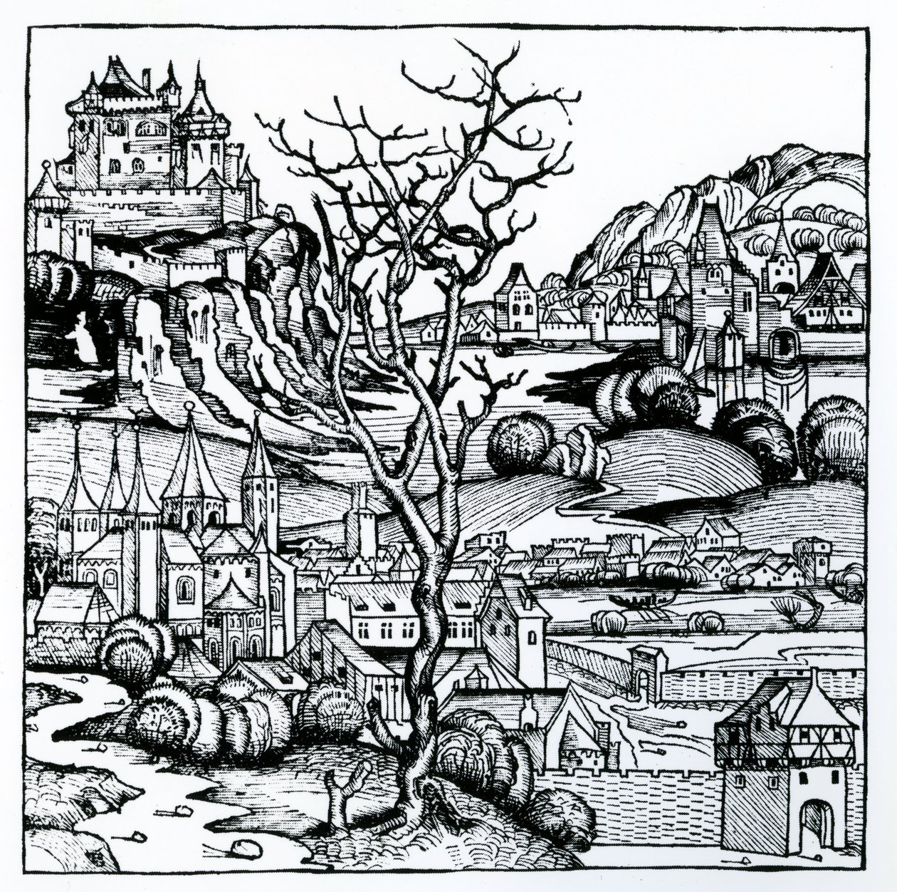 Widok Portugalii z „Kroniki norymberskiej” 1493 (drzeworyt) autorstwa German School
