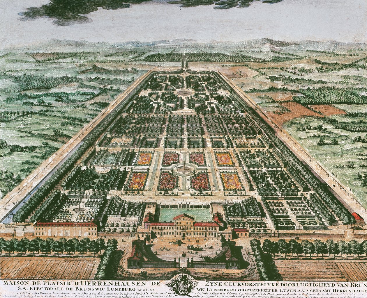 Widok na ogród zamku Herrenhausen, ok. 1708 r., druk kolorowy, Niemcy autorstwa German School