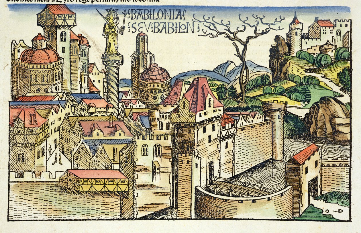 Widok starożytnego miasta Babilon z Kroniki Norymberskiej autorstwa Hartmanna Schedla (1440-1514) 1493 autorstwa German School