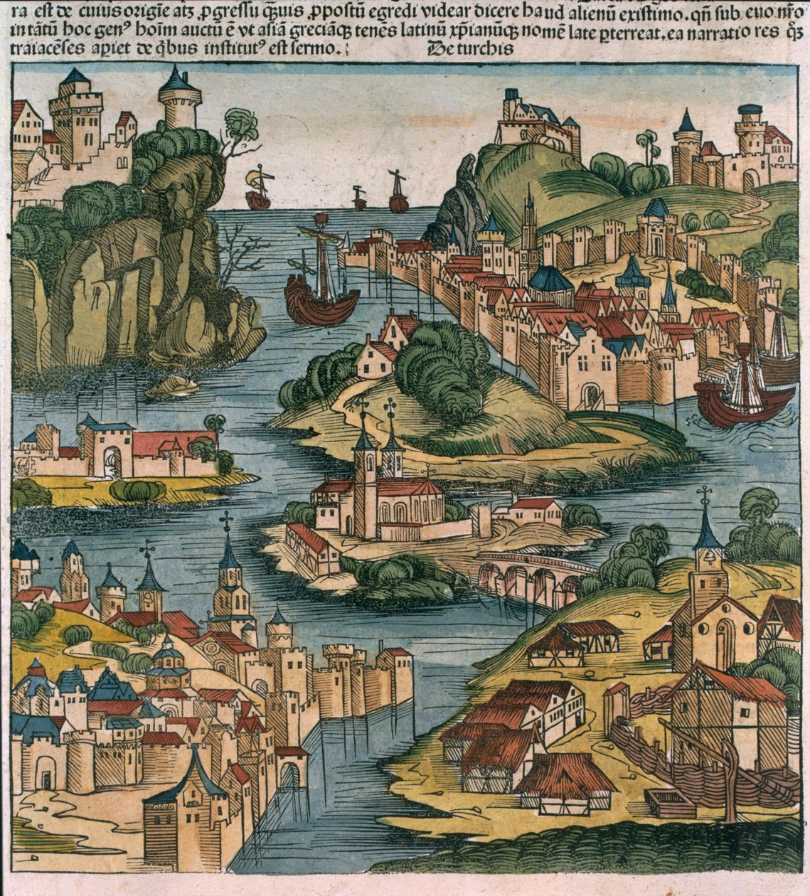 Widok na Bosfor wchodzący od strony Morza Czarnego, z Kroniki Norymberskiej autorstwa Hartmanna Schedla (1440-1514) 1493 (pustak) autorstwa German School