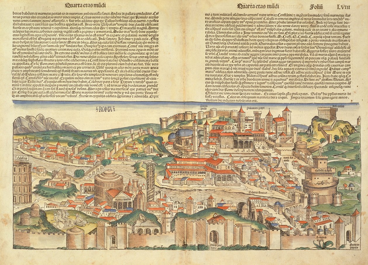 Widok na Rzym z Kroniki Norymberskiej Hartmanna Schedla (1440-1514) 1493 autorstwa German School