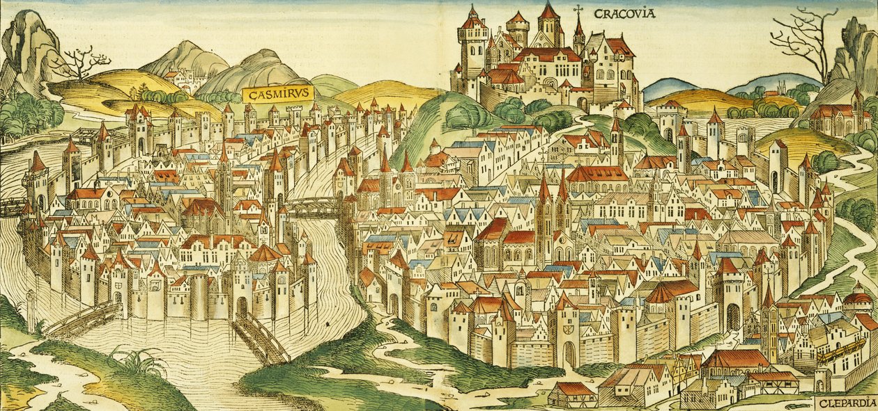 Widok miasta Krakowa z Kroniki Norymberskiej autorstwa Hartmanna Schedla (1440-1514) 1493 autorstwa German School