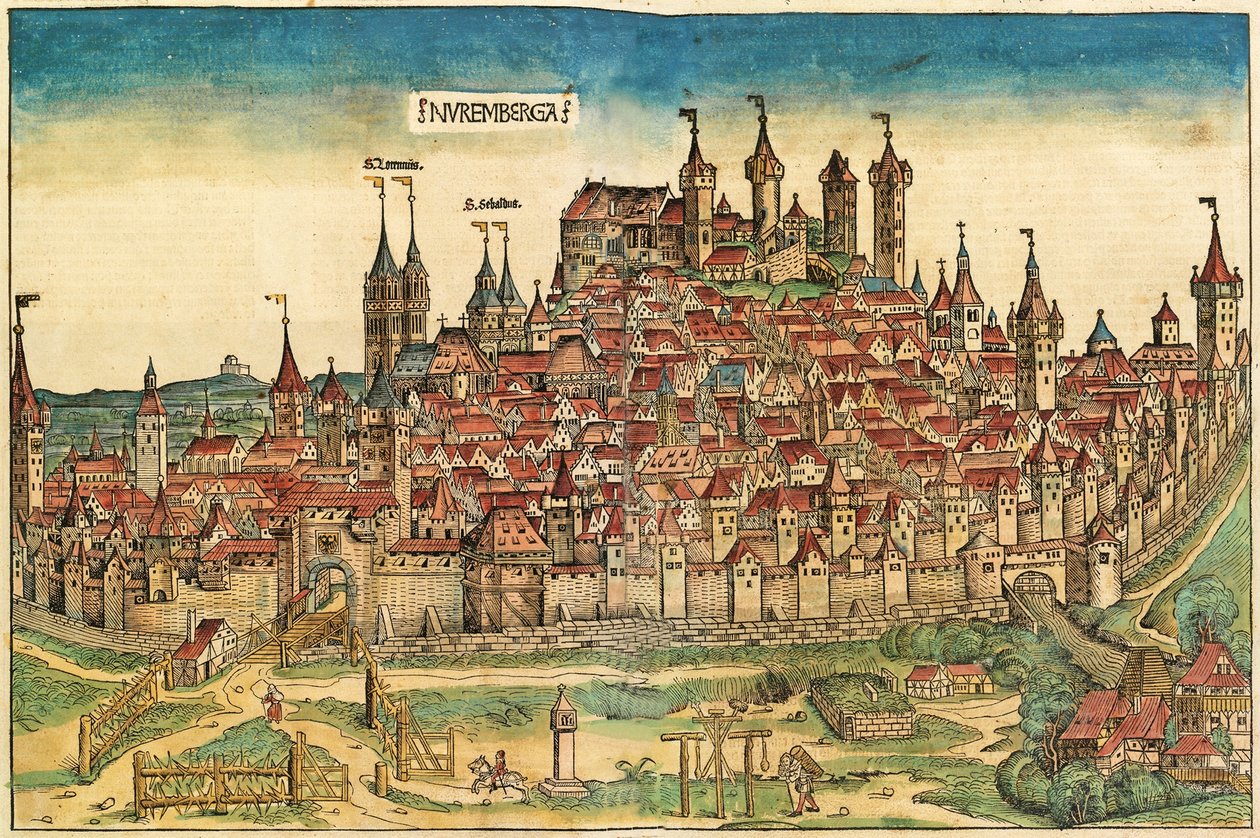 Widok miasta Norymberga, opublikowany w Kronice Norymberskiej, 1493 autorstwa German School