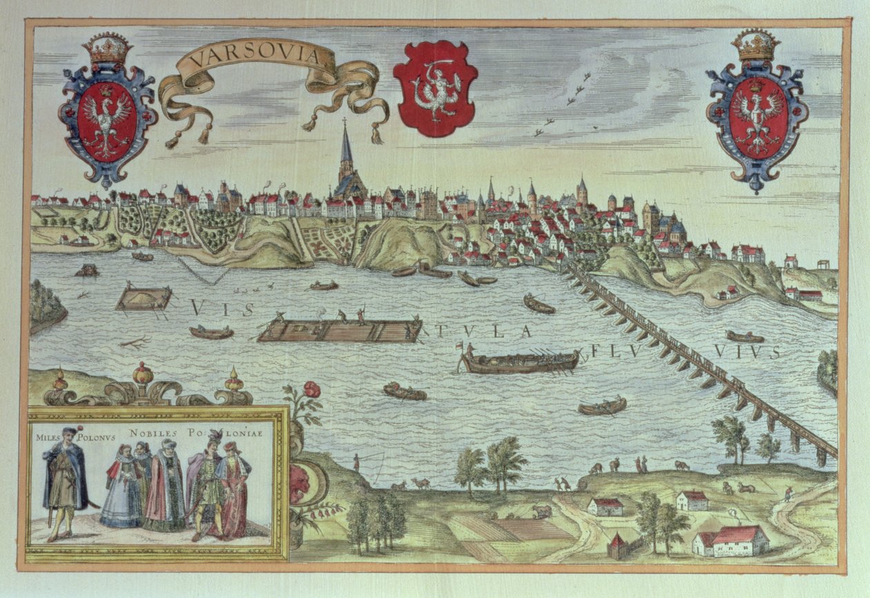Widok Warszawy nad Wisłą z „Staroeuropejskich scen miejskich” (rycina) autorstwa German School