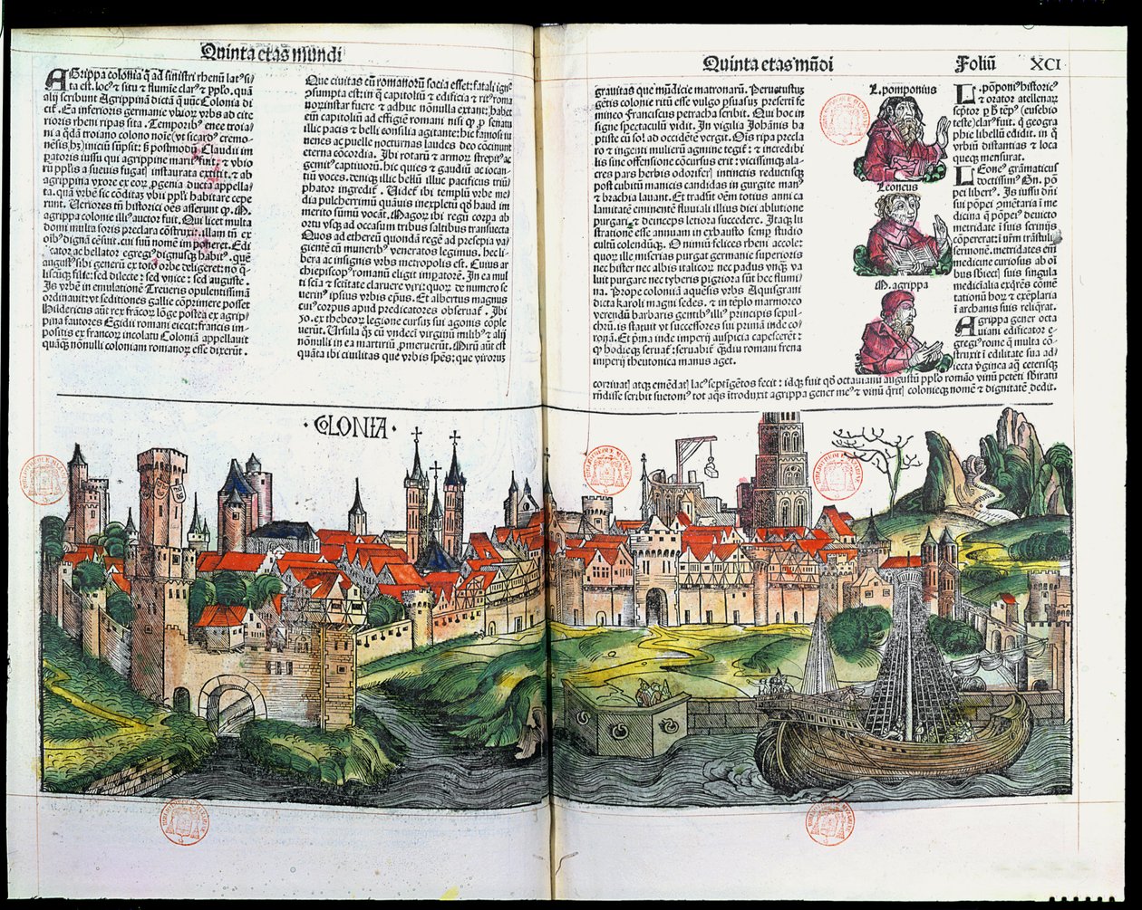 Widok miasta Kolonia z Kroniki Norymbergi Hartmanna Schedla, 1493 (kolorowy drzeworyt) autorstwa German School
