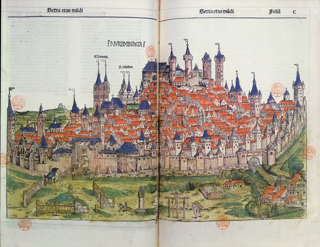 Widok miasta Norymberga z Kroniki Norymberskiej Hartmanna Schedla (1440-1514) 1493 (kolorowy drzeworyt) autorstwa German School