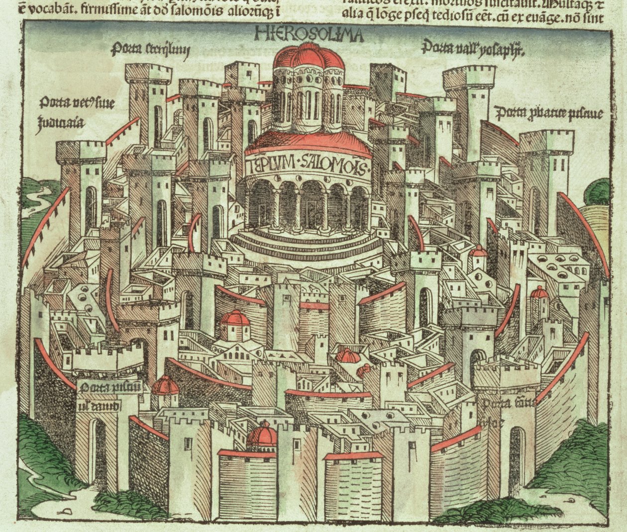 Widok na otoczone murem miasto Jerozolimę ukazujący Świątynię Salomona i bramy miasta, z Kroniki Norymberskiej autorstwa Hartmanna Schedla (1440-1514) 1493 autorstwa German School