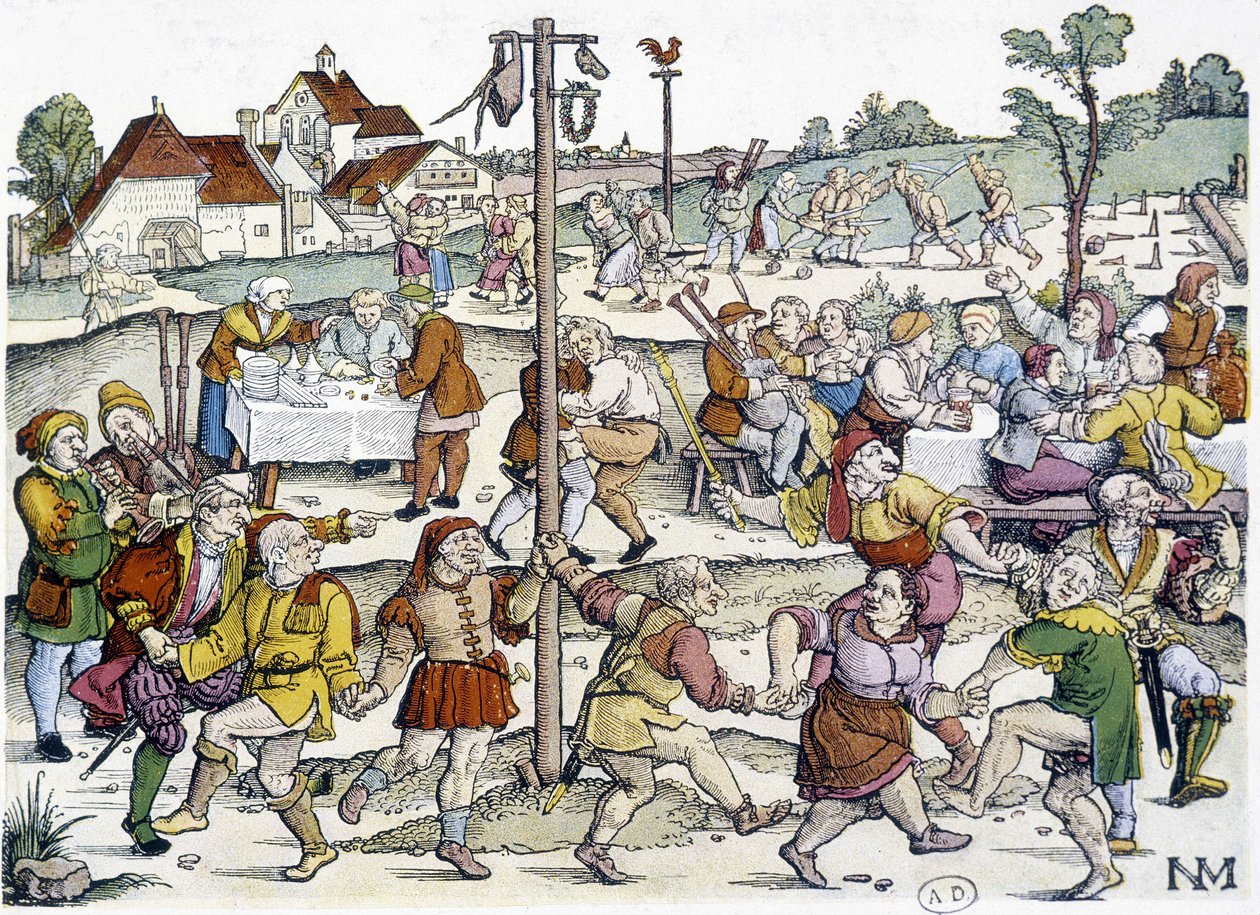 Taniec wiejski wokół matte de cocagne - XVI-wieczne niemieckie obrazy od Nikolausa Meldemanna autorstwa German School