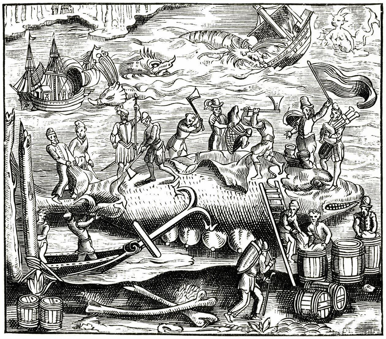 Połów wielorybów, według drzeworytu w Cosmographie Universelle of Munster, opublikowanym 1552 autorstwa German School