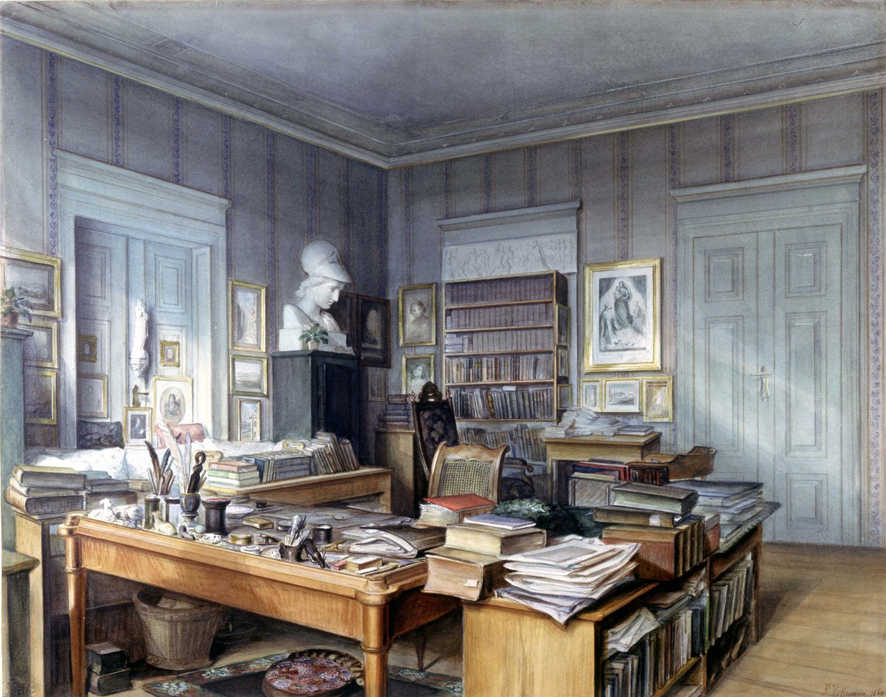 Pracownia Wilhelma Grimma (1786-1859) w Berlinie, 7 Linkstrasse. Grawerowanie przez pana Hoffmanna. Muzeum Narodowe w Norymberdze. 1860. autorstwa German School