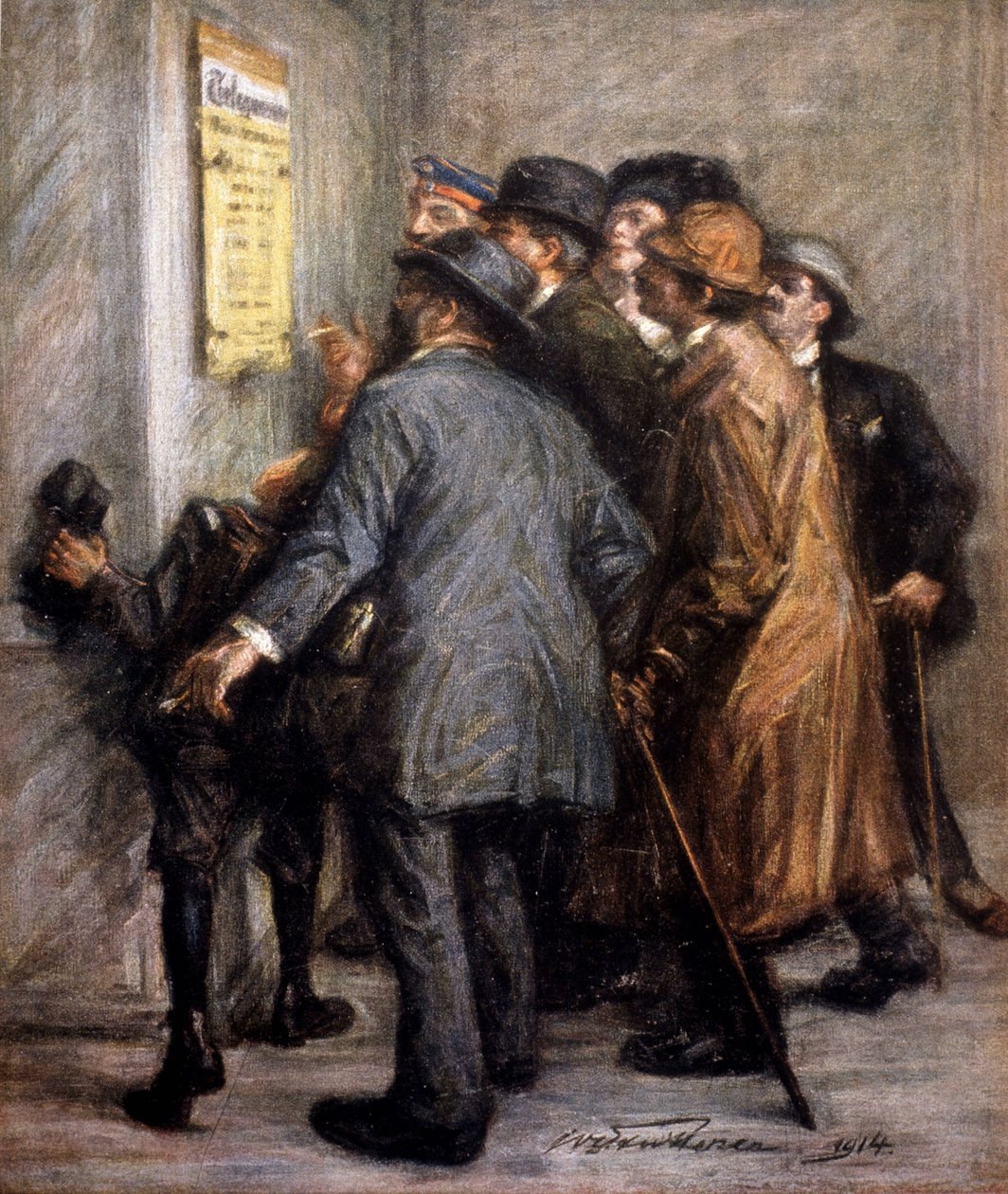 I wojna światowa (1914 - 1918): Austriacy czytają zestawienie operacji wojennych, -w „”Jugend”” autorstwa German School