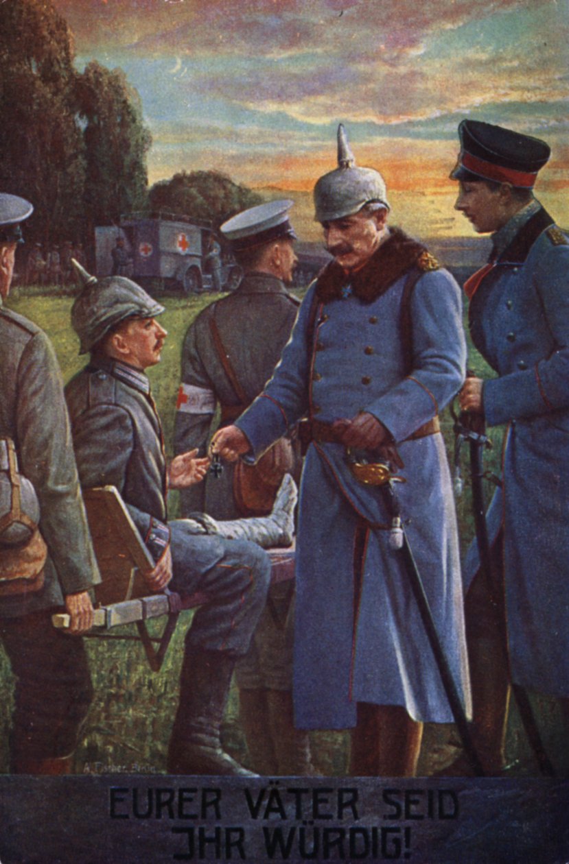 Jesteście godni swoich ojców: Cesarz Wilhelm II odznacza rannego niemieckiego żołnierza Krzyżem Żelaznym (kolorowa litografia) autorstwa German School