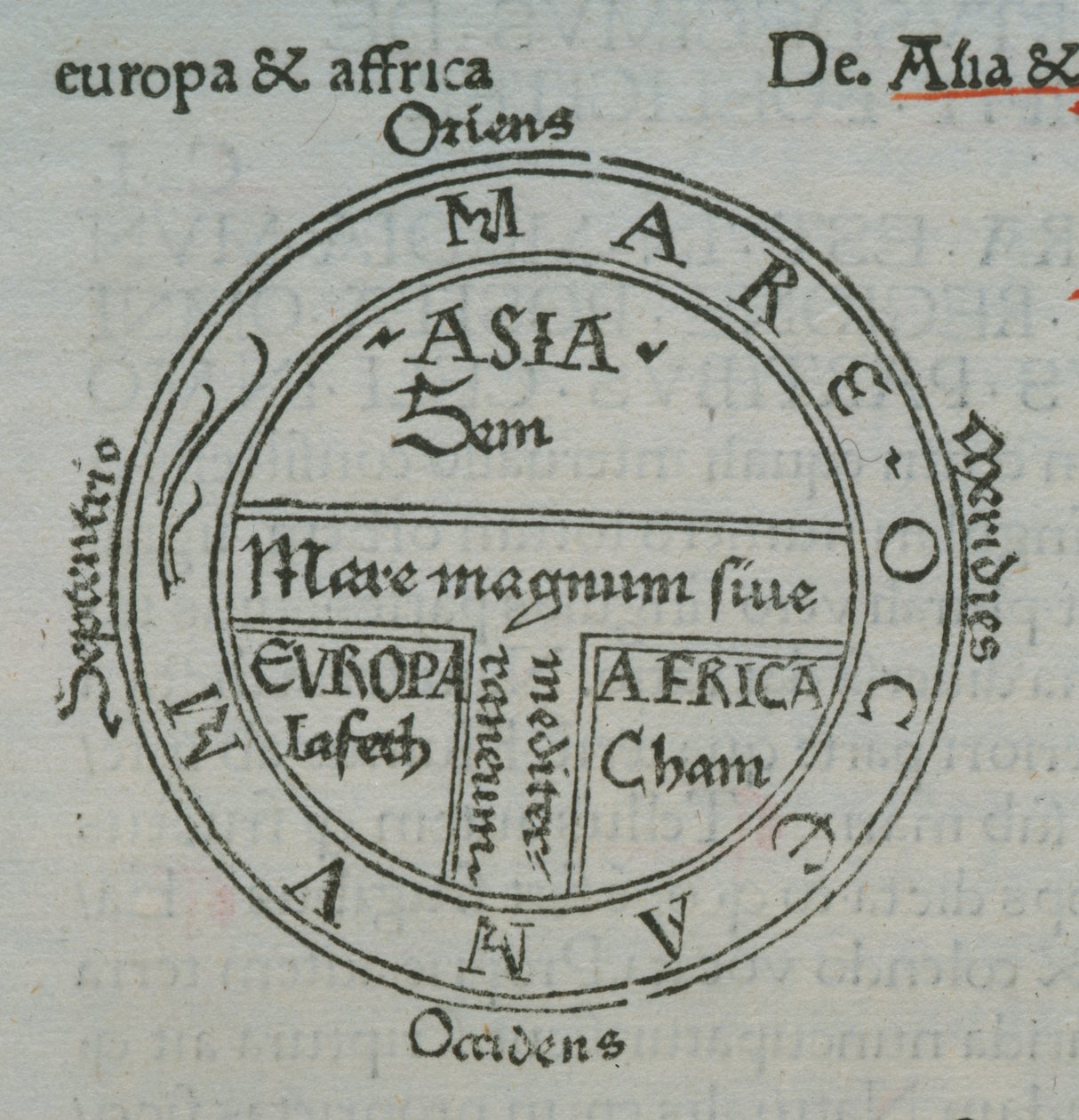 f.177v T-in-O mapa, z typograficznymi nazwami miejscowości, od Izydora z Sewilli, Liber Etimologiarvm autorstwa German School