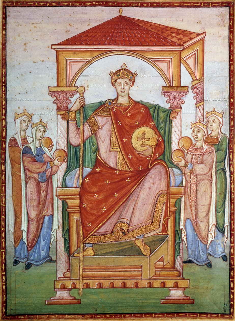 Otton III (980-1002) Cesarz germański odbierający hołd narodom Miniatura z rękopisu „Ewangelik Ottona III” z końca X wieku. Chantilly, Muzeum Conde autorstwa German School