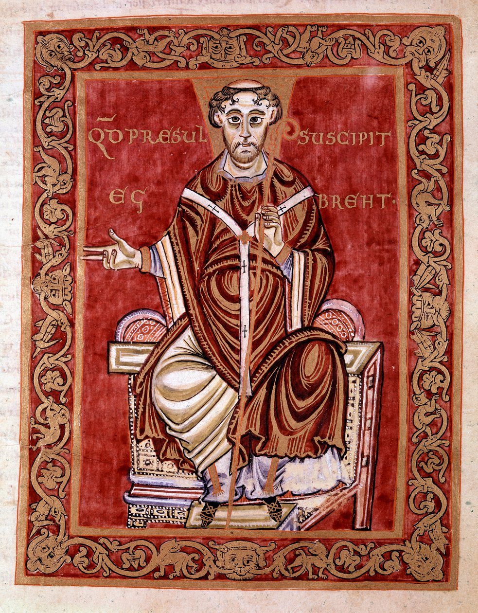 Eveque Egbert de Treves otrzymuje psałterz z rąk mnicha Rudprechta (nie przedstawiono tutaj) - Miniatura Kodeksu Egbert (Codex Egberti) szkoły Reichenau, 980 - Cividale del friuli, Museo Archeico lub Cathedrale de Civid autorstwa German School