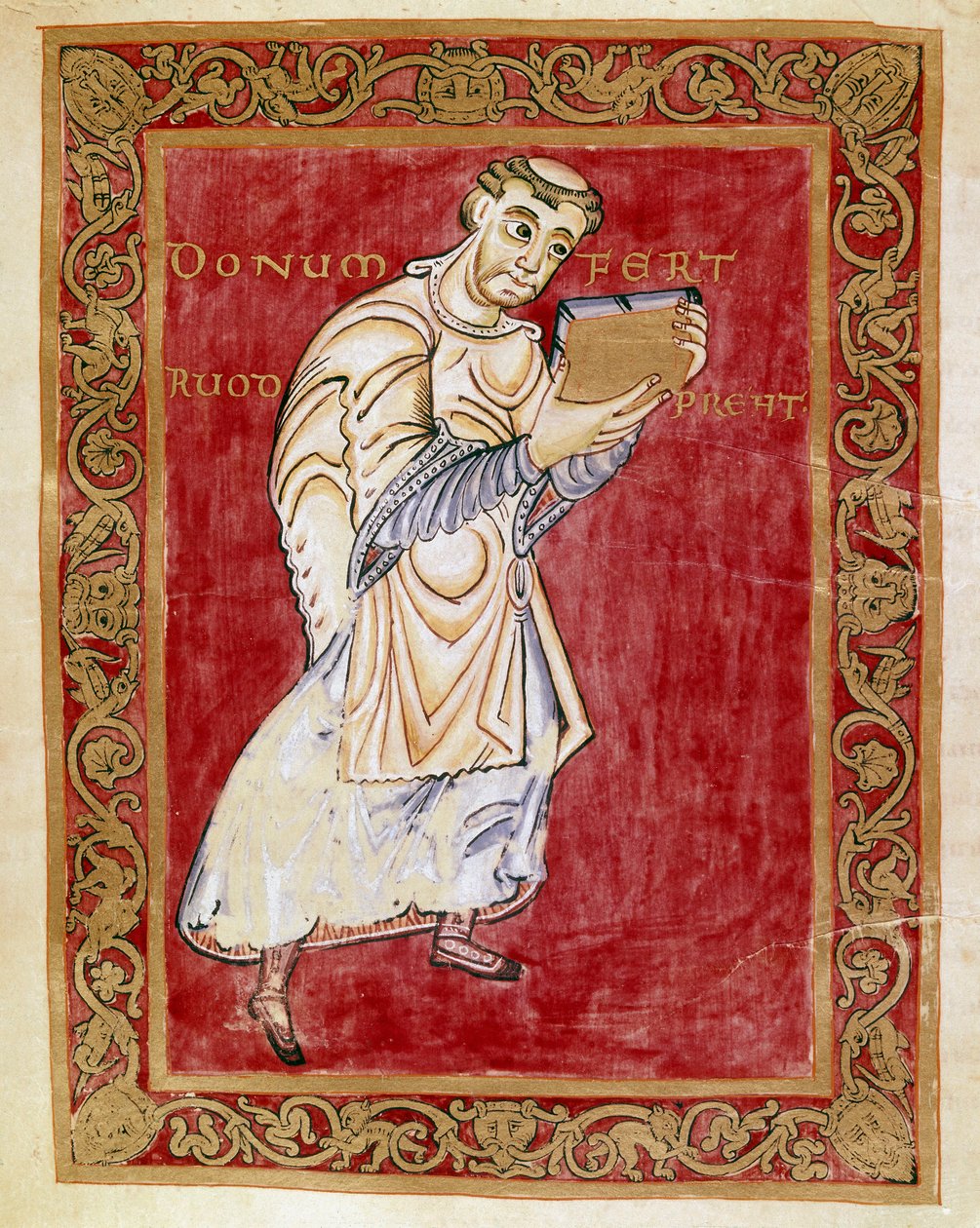 Mnich Ruodprecht przenosi rękopis do łuku Egbert de Treves (977-993) Miniatura Kodeksu Egberta (Codex Egberti) przy szkole Reichenau. Cividale del Friuli, Museo Archeologico lub Cathedrale de Cividale autorstwa German School