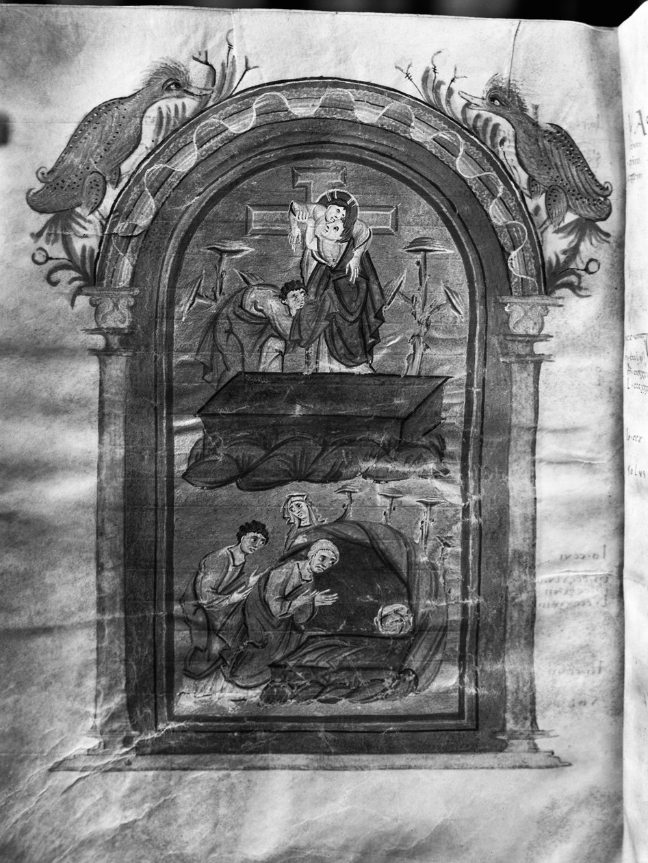 f.234v, Zejście z krzyża i wizyta uczniów przy grobie, Liuthar-Evangeliar / Otto-Evangeliar, ok. 990 (tempera na welinie) autorstwa German School