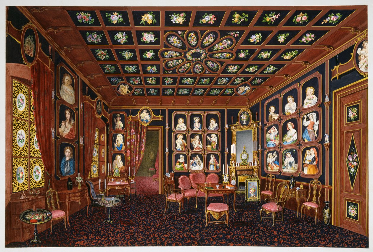 Salon rozmów w Villa Lazarovich, rezydencja Maksymiliana Habsburga (1832-1867) w Trieście, tempera autorstwa Germano Prosdocimiego autorstwa Germano Prosdocimi